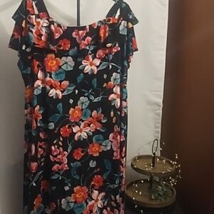 Catherines Black Midi Dress with Coral and Teal Floral Print